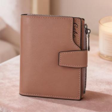 Imagem de Carteira masculina de couro curta com zíper, carteira exclusiva de couro rosa malva (rosa maciço)