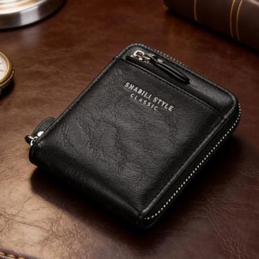 Imagem de Carteira masculina de couro curta com zíper, carteira preta moderna com zíper (preto)