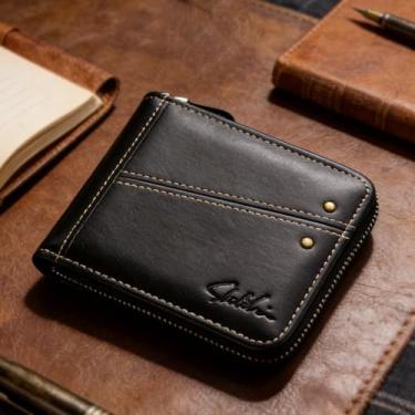 Imagem de Carteira masculina ultrafina de couro sintético com padrão aberto horizontal preto, design aberto horizontal preto com padrão trançado de couro sintético e estrutura ultrafina