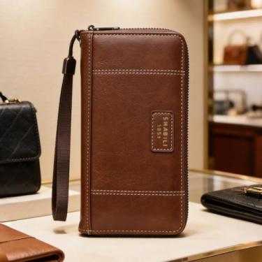 Imagem de Carteira masculina, carteira longa multifuncional de couro com zíper, grande capacidade com vários compartimentos para cartão de crédito e estrutura segura para todos os itens essenciais (Camel)