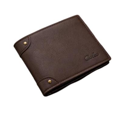 Imagem de Carteira masculina dobrável de couro curta, dobrável clássica casual (marrom escuro)