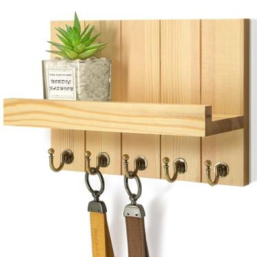 Imagem de Rebee Vision Suporte de parede de madeira de pinho com 5 ganchos e prateleira – Porta-chaves de fazenda para parede para organização de entrada – Perfeito para correspondência e cartas (madeira