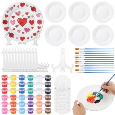 Imagem de Humyoun Kit de pintura de cerâmica para pintar suas próprias placas de porcelana, inclui 6 pratos de porcelana, 6 tintas, 12 pincéis de tinta, 6 suportes e 6 paletas de cores, kit de artesanato de