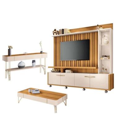 Imagem de Estante Home Theater Titan E Aparador Vivant E Mesa De Centro Cadenza Cinamomo Off White - Hb Móveis