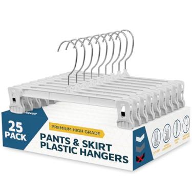 Imagem de Lifemaster Cabides para calças com clipes, pacote de 25 cabides resistentes de 30 cm com clipes antiderrapantes e gancho giratório de 360°, organizador de armário para calças, saias e shorts, branco