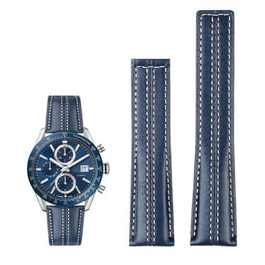 Imagem de SOMKB Pulseira de relógio de couro genuíno de 22 mm para relógio Tag Heuer Carrera Monaco masculina pulseira de couro de vaca fivela dobrável (cor: azul sem fivela, tamanho: 22 mm)