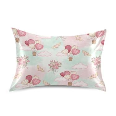 Imagem de Wassud Corações balões de ar dia dos namorados fronha de cetim para cabelo e pele fronhas de seda lisa queen size capas de travesseiro respiráveis com fecho de envelope