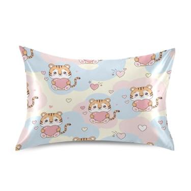 Imagem de Wassud Linda fronha de cetim com corações de tigre para cabelo e pele, fronhas de seda lisa, tamanho padrão, respirável, com fecho de envelope