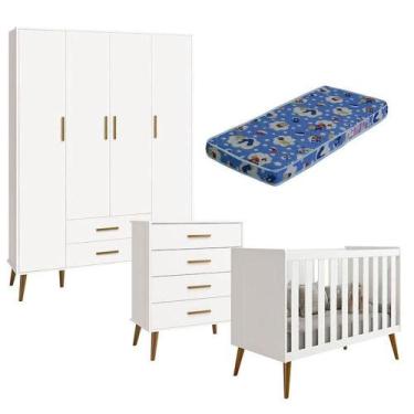 Imagem de Quarto De Bebê Isis 4 Portas Com Gaveteiro Branco Acetinado Com Colchã