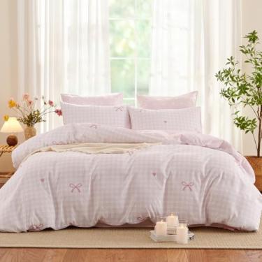 Imagem de Bildenly Capa de edredom tamanho casal - gráfico de laço geométrico em rosa no lado A, coração branco em rosa no lado B, capa de edredom de microfibra com fecho de zíper e 2 fronhas