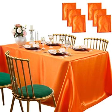 Imagem de SiinvdaBZX Pacote com 6 toalhas de mesa de cetim laranja 274 cm x 137 cm, toalhas de mesa de jantar lisas brilhantes para mesa retangular de 1,8 m – capa de mesa resistente a rugas para buffet de casamento, festa, acampamento