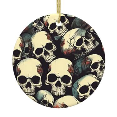 Imagem de Pingente redondo de cerâmica com estampa de esqueleto de caveira, pingentes de porcelana, decoração criativa de Natal