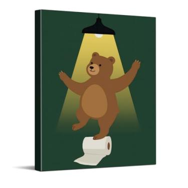 Imagem de CYFDYVT Arte engraçada de parede de urso de banheiro, humor dança de urso em papel higiênico, pôster de banheiro de animal verde peculiar, arte de parede de pintura em tela de animal fofo para