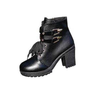 Imagem de Botas femininas modernas casuais estilo britânico cano curto cor sólida bico quadrado redondo cadarço salto grosso cano médio botas de tornozelo, Preto, 38
