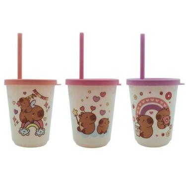 Imagem de Copos Com Canudo Capivara Infantil 300ml Kit Com 3 Unidades - Fwb