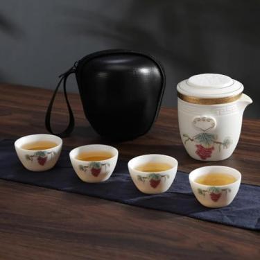 Imagem de Conjunto de chá de viagem de jade de gordura de ovelha, porcelana branca Kung Fu portátil de alta qualidade para um pote e quatro xícaras. Capacidade do bule de chá: 238 g, capacidade da xícara de chá