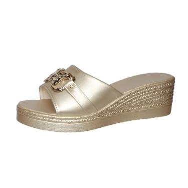 Imagem de Sandálias femininas de salto plataforma com fivela de metal em vários tons, leves e confortáveis para uso casual primavera verão, Dourado, 36