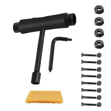 Imagem de Kit de ferramentas de skate multifuncional - Ferramenta multifuncional de skate T com limpador de fita adesiva, 4 peças de porcas de eixo e 8 peças de parafusos Allen com conjuntos de ferragens de