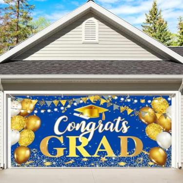 Imagem de Banner de porta de garagem de formatura 2,1 x 4,9 m Class Of 2025 Congrats Grad pano de fundo azul real e dourado formatura formatura decoração de porta de garagem grande fundo de festa de formatura