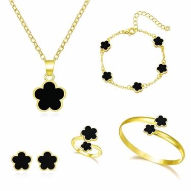 Imagem de Colar Choker Trevo Da Sorte Kit 5 Pecas Colar Pulseira Bracelete Brincos Anel ajustável trevo