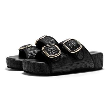 Imagem de Coutgo Sandálias femininas plataforma ráfia, alpargatas, duas faixas, bico aberto, sem cadarço, sapatos de férias na praia, Preto, 35