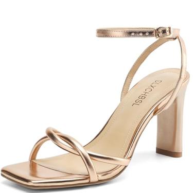 Imagem de SLXCHBSL Sandálias femininas quadradas de bico aberto com tiras para mulheres, elegantes e grossas, salto alto, fivela no tornozelo, sandálias de salto para mulheres, sapatos confortáveis de casamento