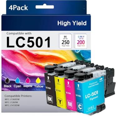 Imagem de CHOUINKR Cartuchos de tinta LC501 para impressora Brother compatíveis com cartuchos de tinta Brother LC501, funciona com impressora MFC-J1360DW MFC-J1410DW MFC-J1260W (preto, ciano, magenta, amarelo