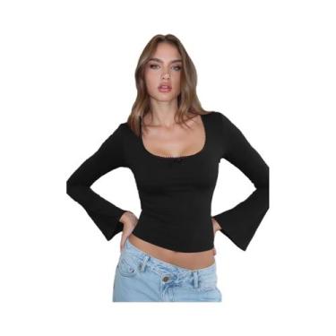 Imagem de Camiseta Feminina Y2K Dulzura Com Gola Quadrada, Manga Longa, Rendas E