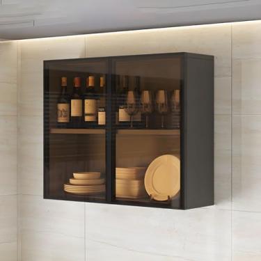 Imagem de Armário de armazenamento montado na parede com portas de vidro, suporte de exibição de madeira para cozinha, sala de jantar, banheiro, escritório