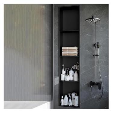 Imagem de Prateleira de nicho de chuveiro de aço inoxidável - Organizador de parede embutido à prova d'água para banheiro, cozinha e sala de estar - Rack de armazenamento preto elegante (28 x 120 cm)
