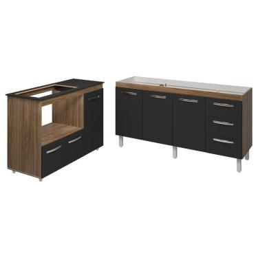 Imagem de Balcão Cozinha Gabinete de Pia 160 cm Estela e Balcão Para Fogão Cooktop 5 Bocas e Forno Elétrico Alana Savana Preto