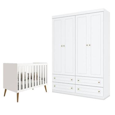 Imagem de Berço Americano Isis Branco Acetinado - Reller e Guarda Roupa Infantil Americano 4 Portas Branco HP - Henn