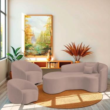 Imagem de Kit Recamier Curvo Sala De Estar Inglaterra 200cm Lado Direito E 2 Poltronas Orgânica Luxo Amore Linho Rosê