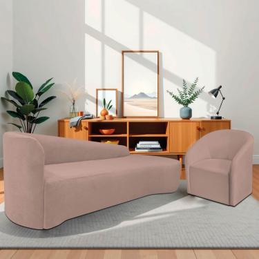 Imagem de Kit Sofá Curvo França 180cm Ld. E Poltrona Luiza Max Conforto, Elegância E Design Moderno Linho Rosê