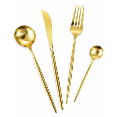 Imagem de Conjunto Talheres 24 Peças Dourado Aço Inox Jogo Faca Garfo Colher Mesa