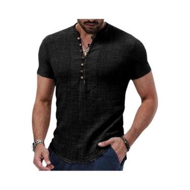 Imagem de Camiseta Masculina Casual de Linho e Algodão - Manga Curta com Decote 