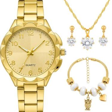 Imagem de relogio feminino aço inox banhado + brincos colar + pulseira casual do
