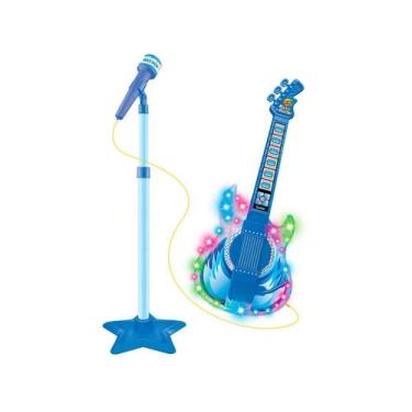 Imagem de Microfone E Guitarra Infantil Azul Música Conecta Celular - Dm Toys, A