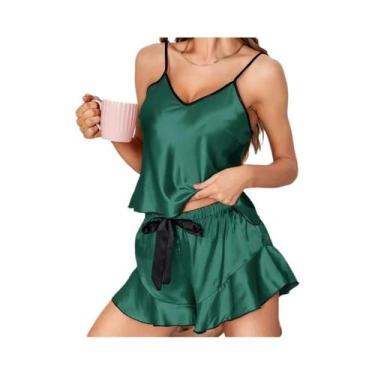 Imagem de Pijamas De Seda Lisa Para Mulheres Com Decote Em V E Calças Com Renda,