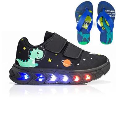 Imagem de Kit Calçados para Meninos com Tênis Dino de Led Confortável Casual + C