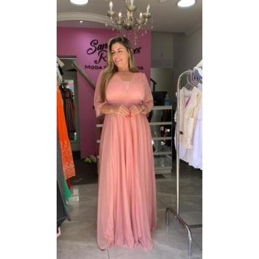 Imagem de Vestido feminino adulto longo festa micro tule com brilho  salmao - Sa
