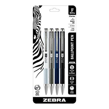 Imagem de Zebra Caneta esferográfica retrátil F-301A, barril de metal premium em cores sortidas, ponta fina, 0,7 mm, tinta preta, pacote com 4