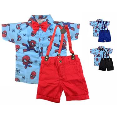Imagem de Homem Aranha Kit Roupa Conjunto Infantil Menino 4 Peças Camisa Gravata Bermuda e Suspensório Aniversário Mesversário (3 anos, Vermelho)