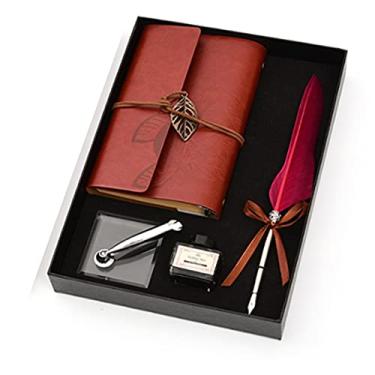 Imagem de HIOD Caneta tinteiro retrô caligrafia pena mergulho tinta escrita caderno conjunto base papelaria caixa de presente materiais escolares, vermelho