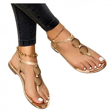 Imagem de Sandálias femininas casuais verão, sandálias abertas de renda floral rasteiras sandálias de praia romana, X05 - ouro, 8.5