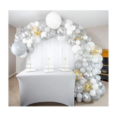 Imagem de Shimmer and Confetti pacote com 155 balões premium de bricolagem branco, prata, dourado e cinza kit de guirlanda com balões prateados metálicos e confetes. Artigos de festa e decorações para Natal, aniversário, chá de noiva e chás de bebê e casamentos