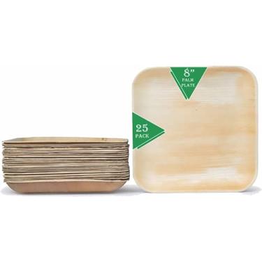 Imagem de Perfectware Pratos de folha de palmeira pratos de bambu descartáveis quadrados de 20 cm (25 peças) compostáveis e biodegradáveis ecológicos. Inclui um conjunto de talheres de madeira chevron. Pacote com 36 unidades