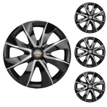 Imagem de Jogo Calota Aro 14 Prime Black Silver Elitte Preto Prata + Emblema Resinado Chevrolet GM (Corsa Meriva Agile Celta Montana Prisma Onix Astra Cobalt)
