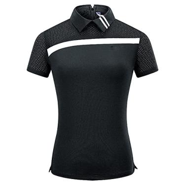 Imagem de Polo de golfe respirável verão mulheres esportes ao ar livre roupas de secagem rápida manga curta tops de malha fina camisa de lapela com zíper nas costas, preta, M (peito: 88cm)