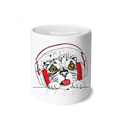 Imagem de DIYthinker Fone de ouvido vermelho com proteção de gato branco para amantes de animais de estimação, caixa de moedas de cerâmica para presente de cofrinho
